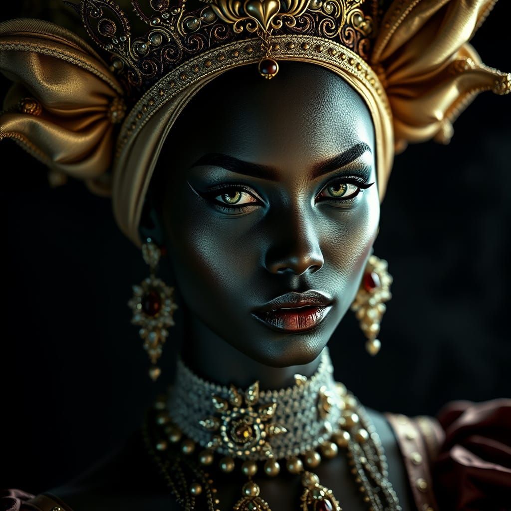 Regal, Dark-Skinned Woman in Exotic, Baroque-Style Attire