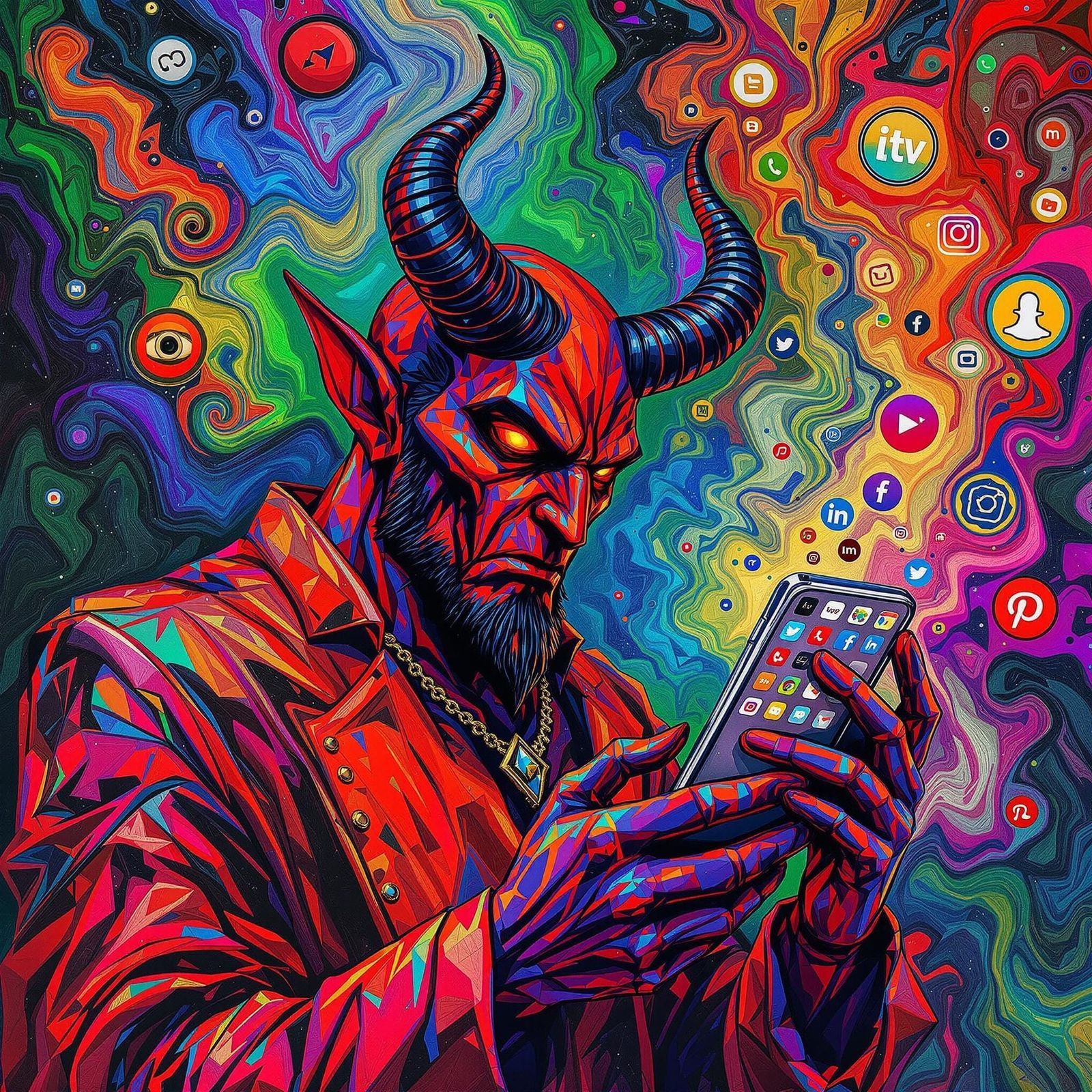 Devil Offering Social Media Phone in Abstract Style
