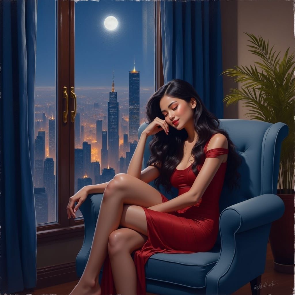 Woman in Armchair Gazing at City Skyline