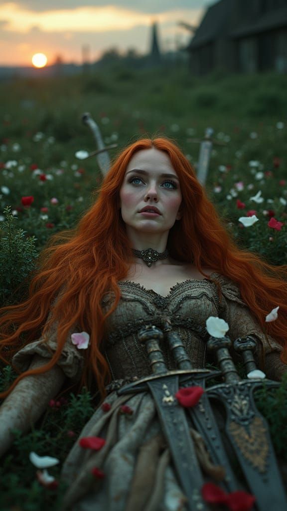 Dramatic Scene in Ruined Garden with Swords