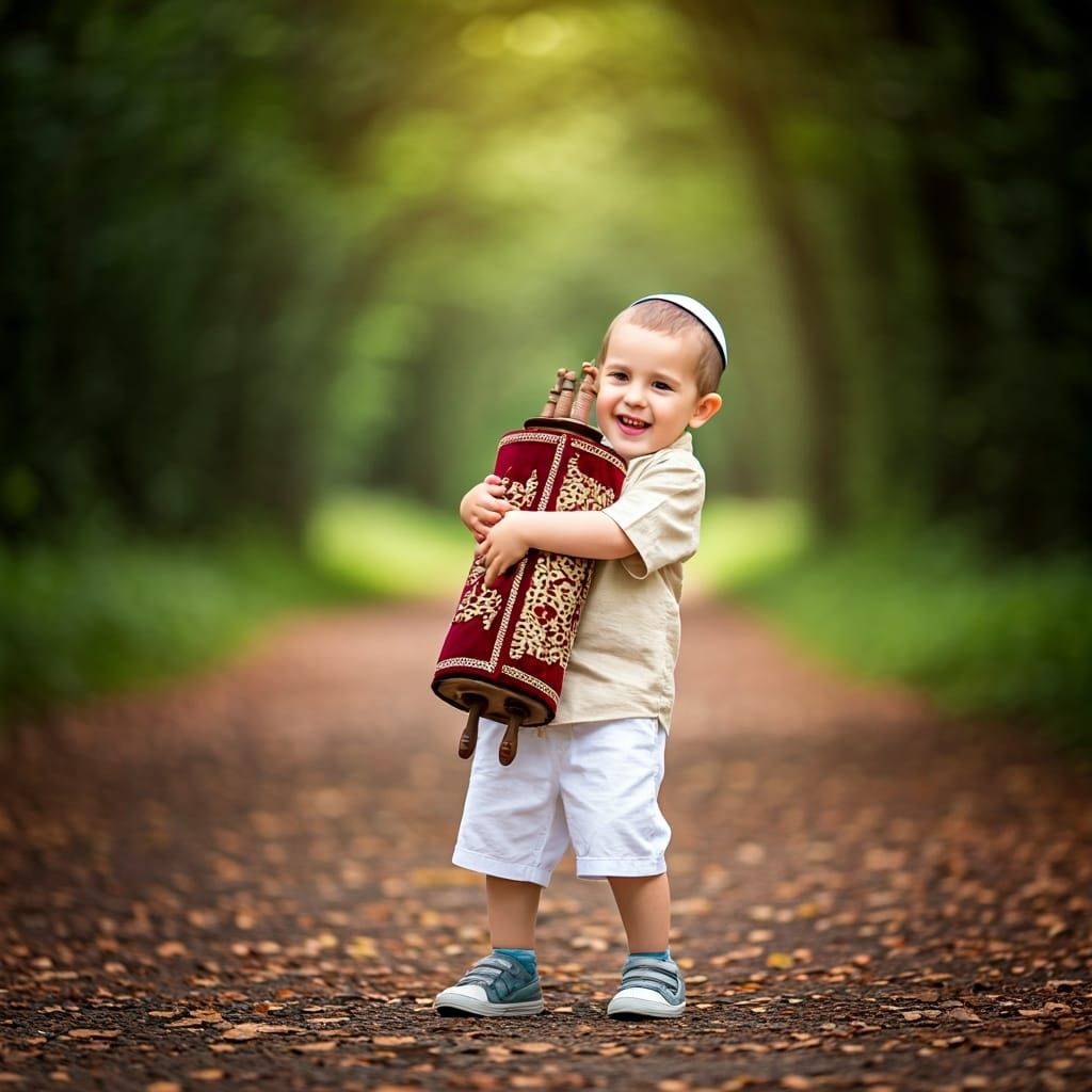 Joyful Boy Hugging Torah Scroll in Forest