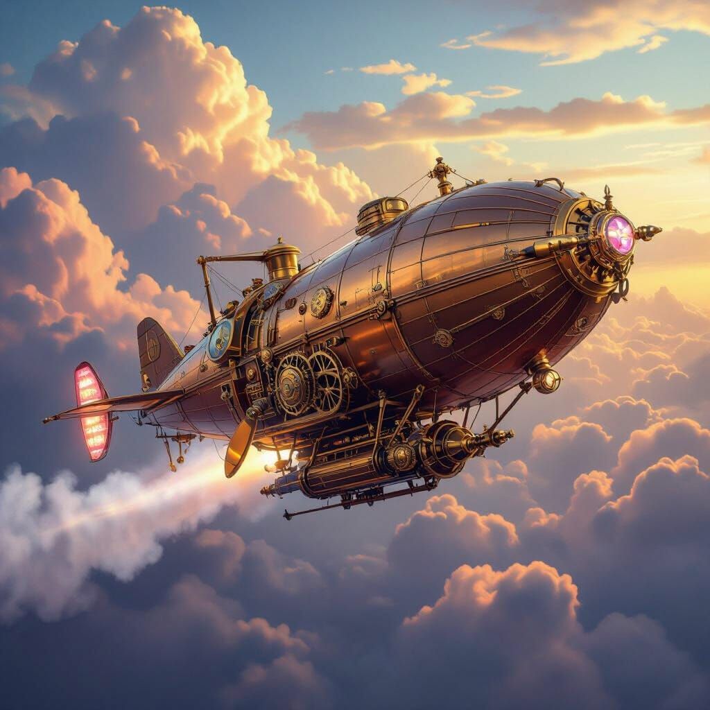 Steampunk Airship Soaring Through Cloudscape, Digital Art