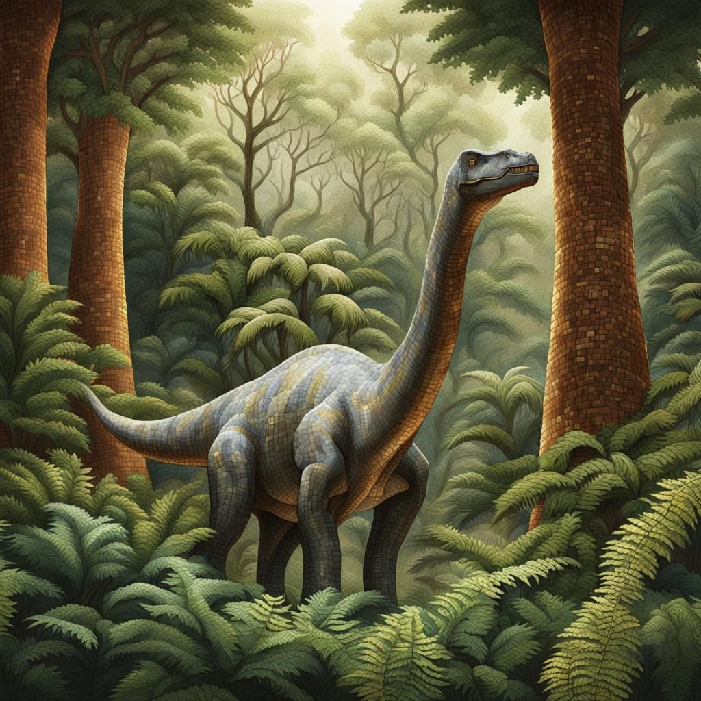 A mosaic of a brachiosaurus in a prehistoric forest