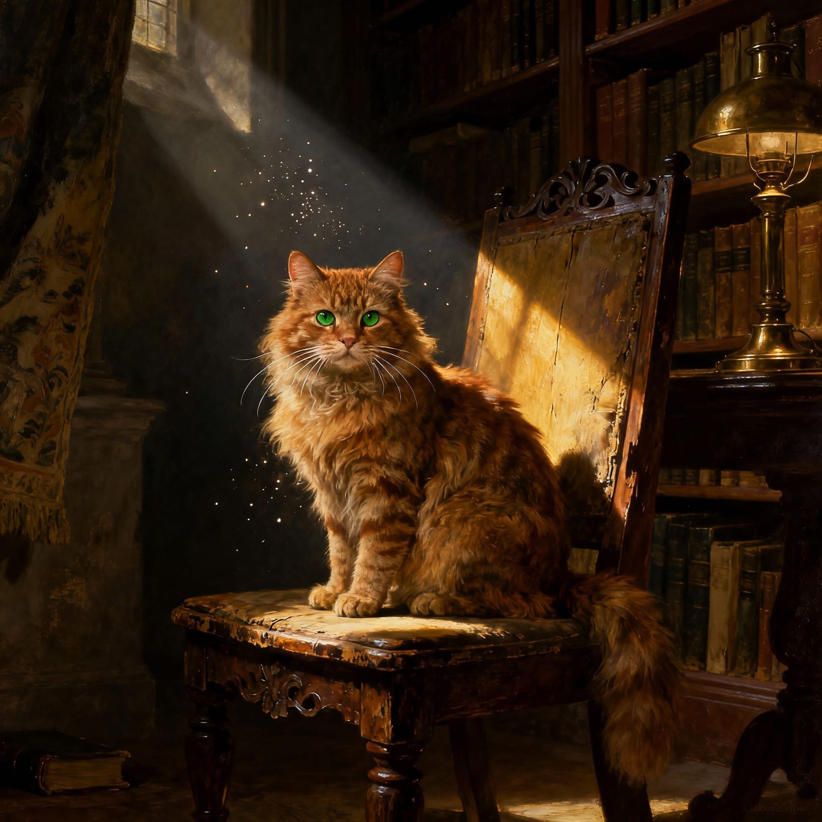 Ginger Cat in Library: Flemish Baroque Oil Painting