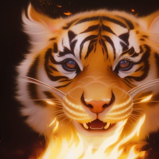 Fiery Chibi Tiger Roaring Portrait in Anime Style