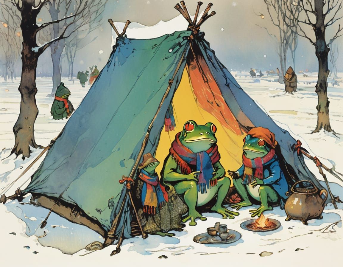Winter Wonderland Frogs Pitch a Tent in Vibrant Style