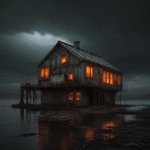 Eerie Floating Scrap House in Dark Stormy Sky