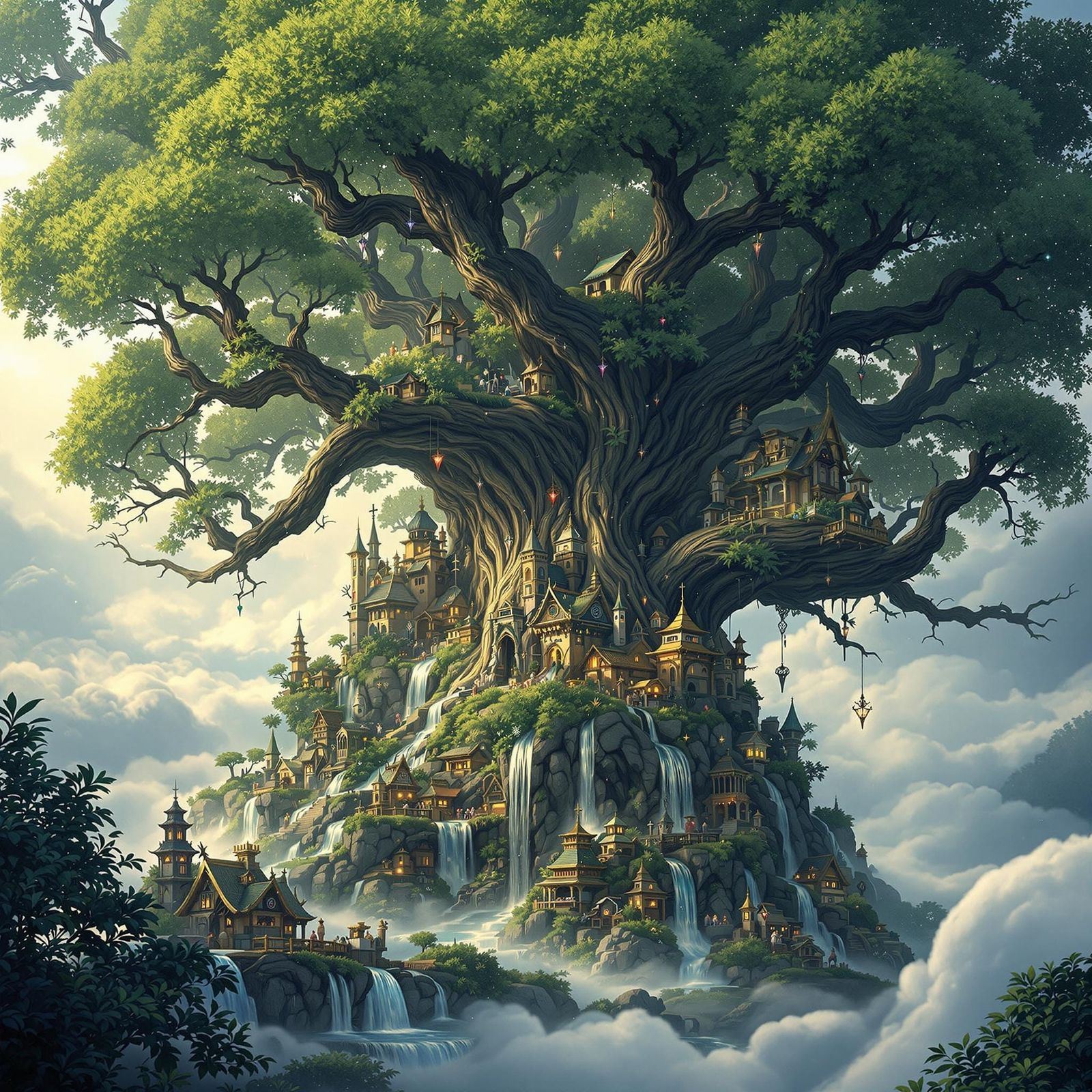 Serene Ash Tree Village in Ethereal Golden Light