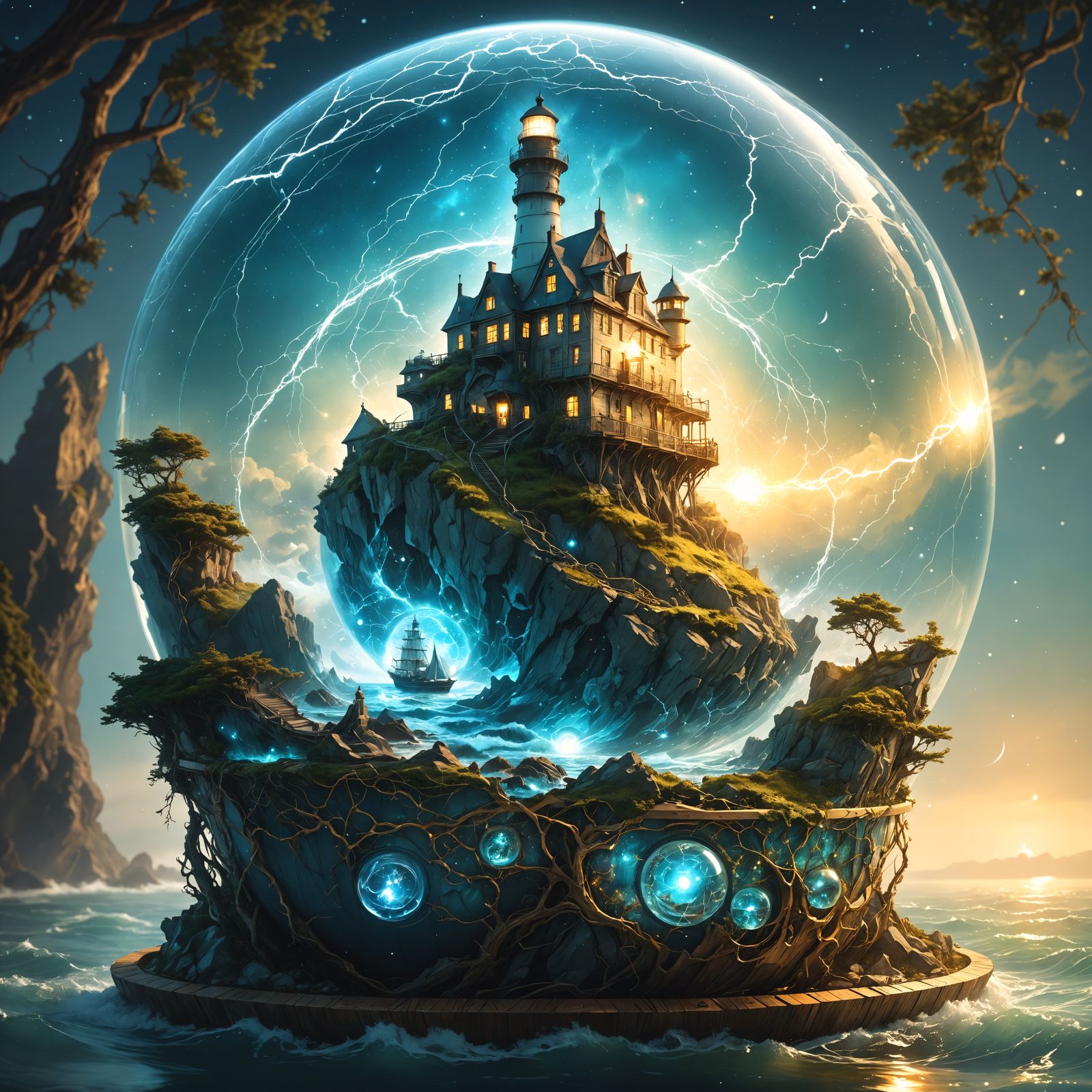 Crystal Lighthouse in Globe with Ship, Dreamy Art