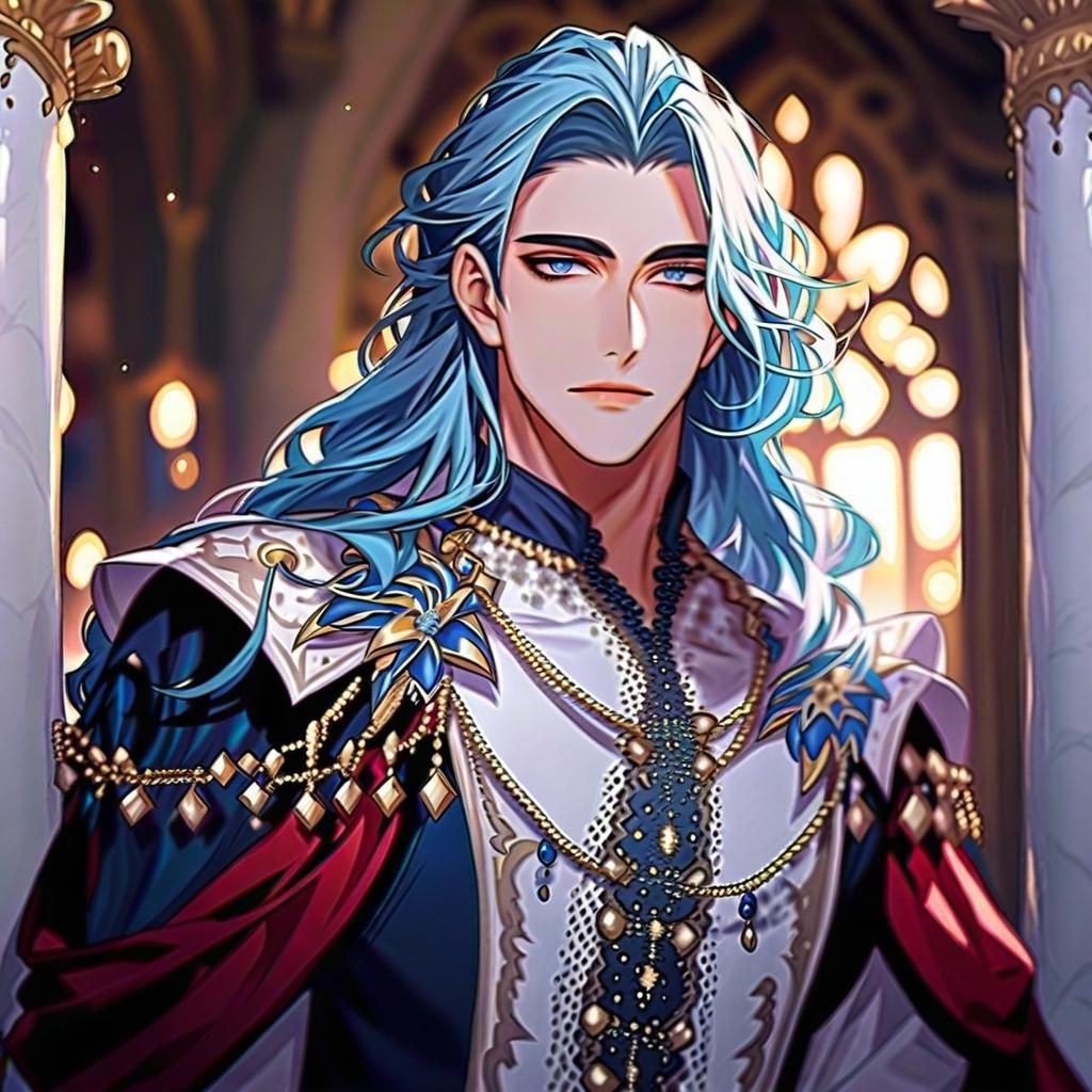 Elegant Man with Blue Hair in White Dress