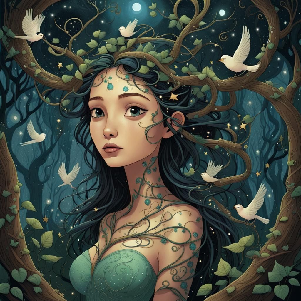 Nature Goddess Entwined in Enchanted Forest Storybook Illust...