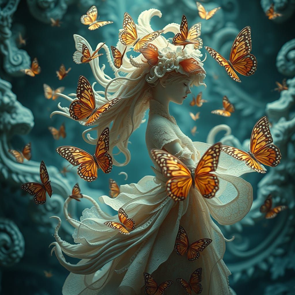 Girl in Simulation Flying with Butterflies: Detailed Matte P...