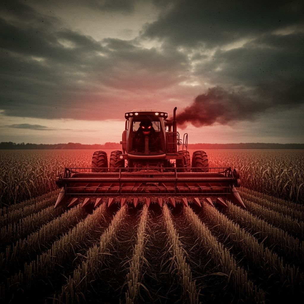 Vintage Horror: Possessed Tractor in Stormy Field