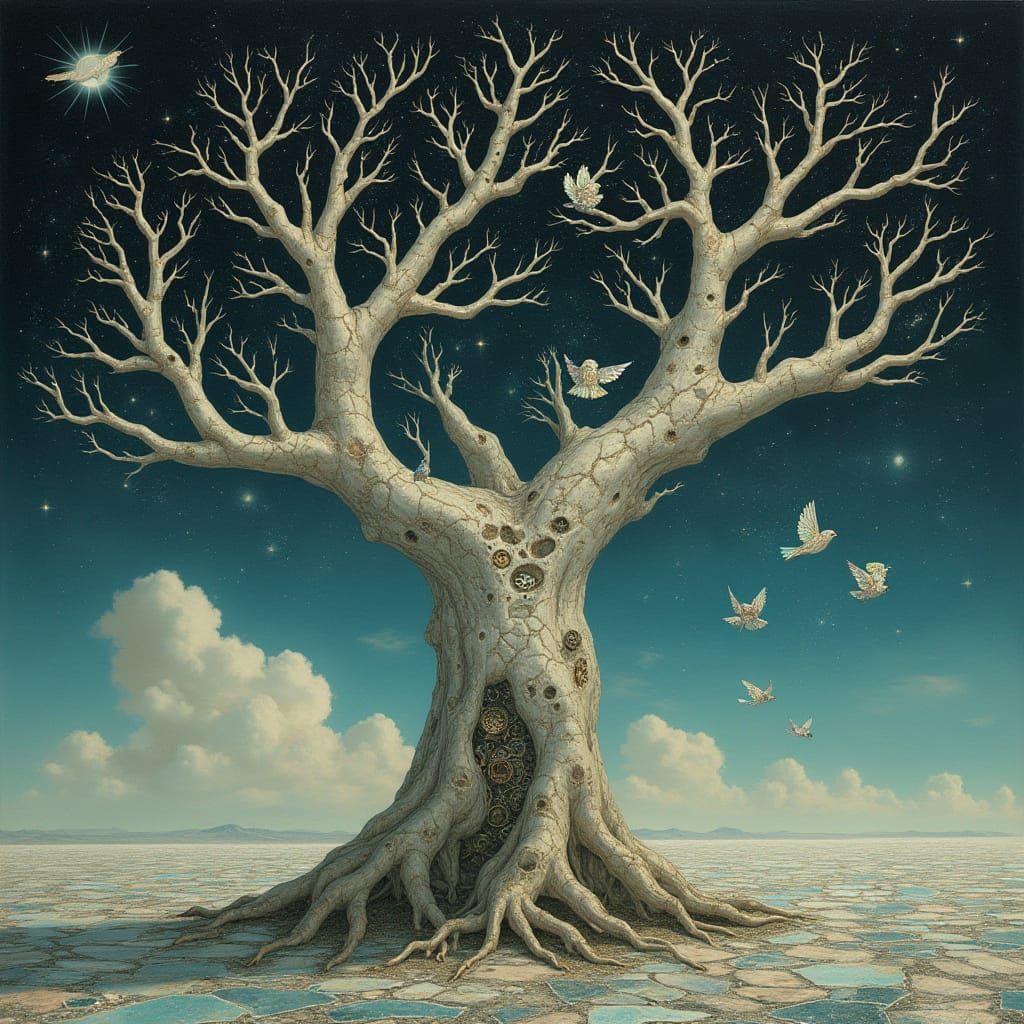 Ancient Porcelain Tree Under Clockwork Constellations