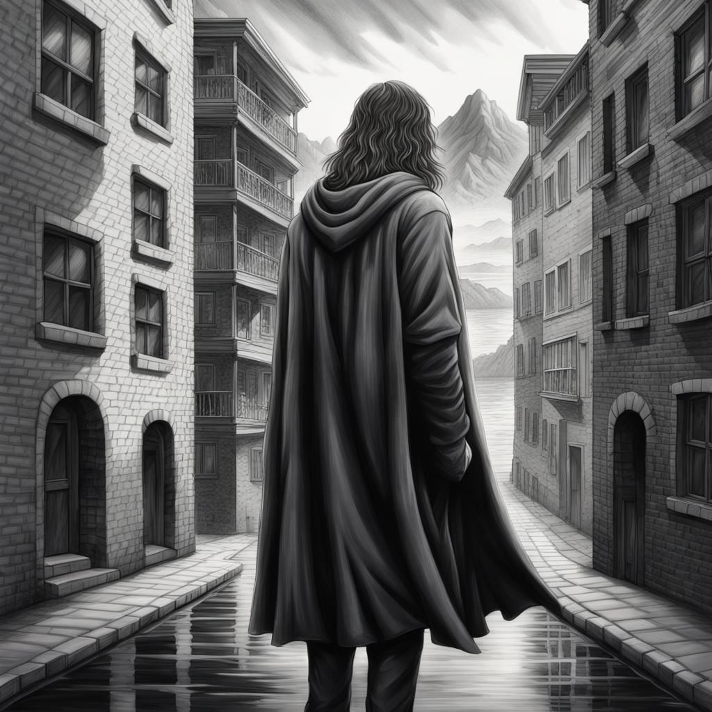 Monochrome Figure in Vibrant Landscape, Charcoal Illustratio...