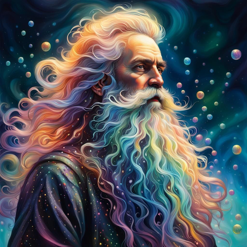 Iridescent Beard in Surreal Dreamscape, Oil Painting