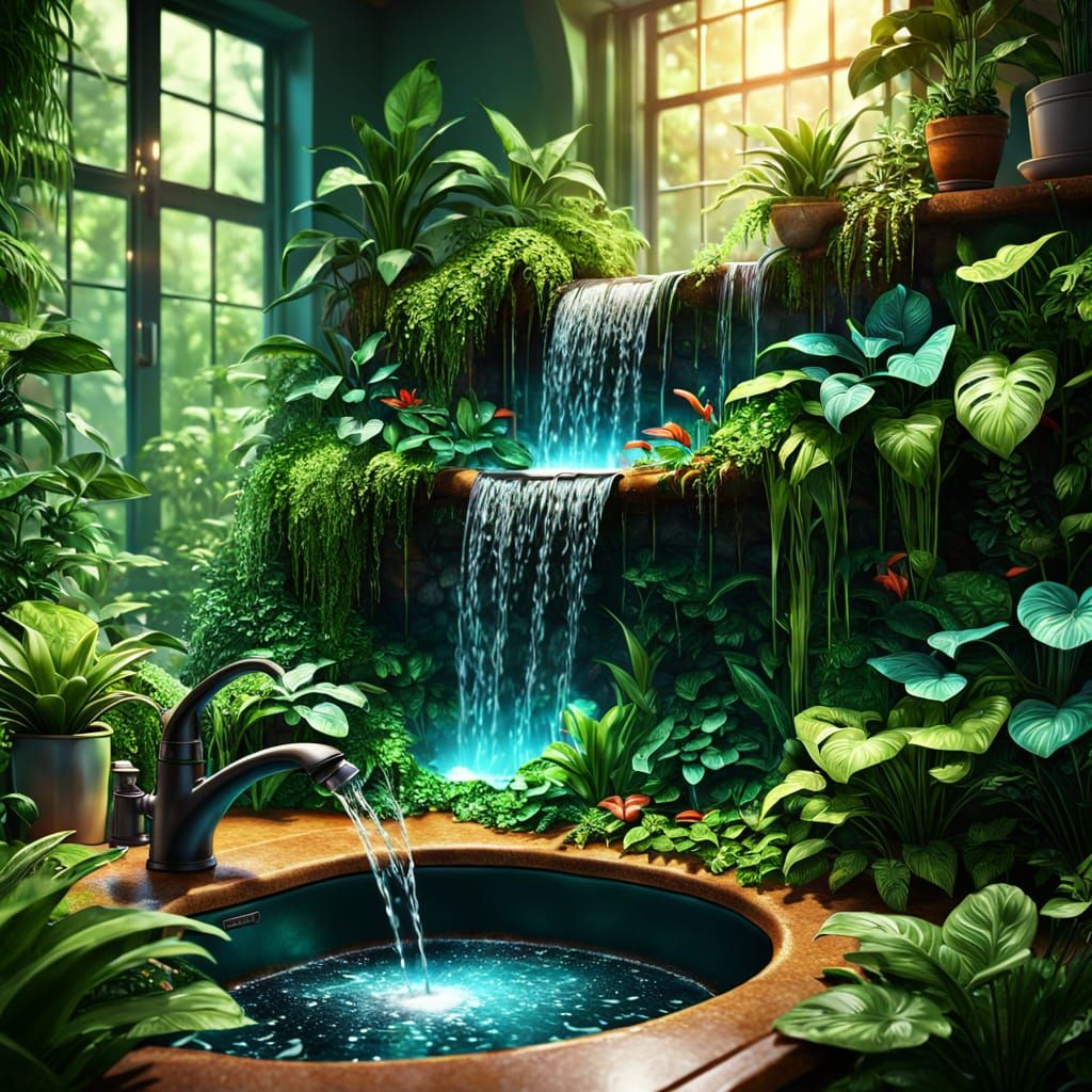 Whimsical Waterfall Waters Indoor Forest: Fantasy Close-Up