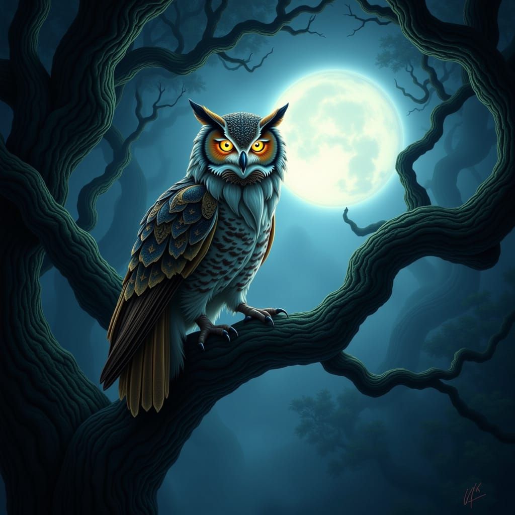 Majestic Owl in Mystical Forest Moonlight