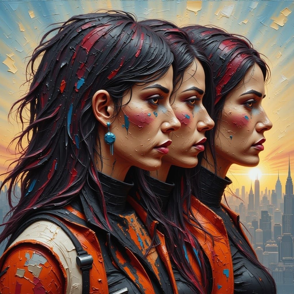 Women in Dystopian Cityscape with Cyberpunk Flair