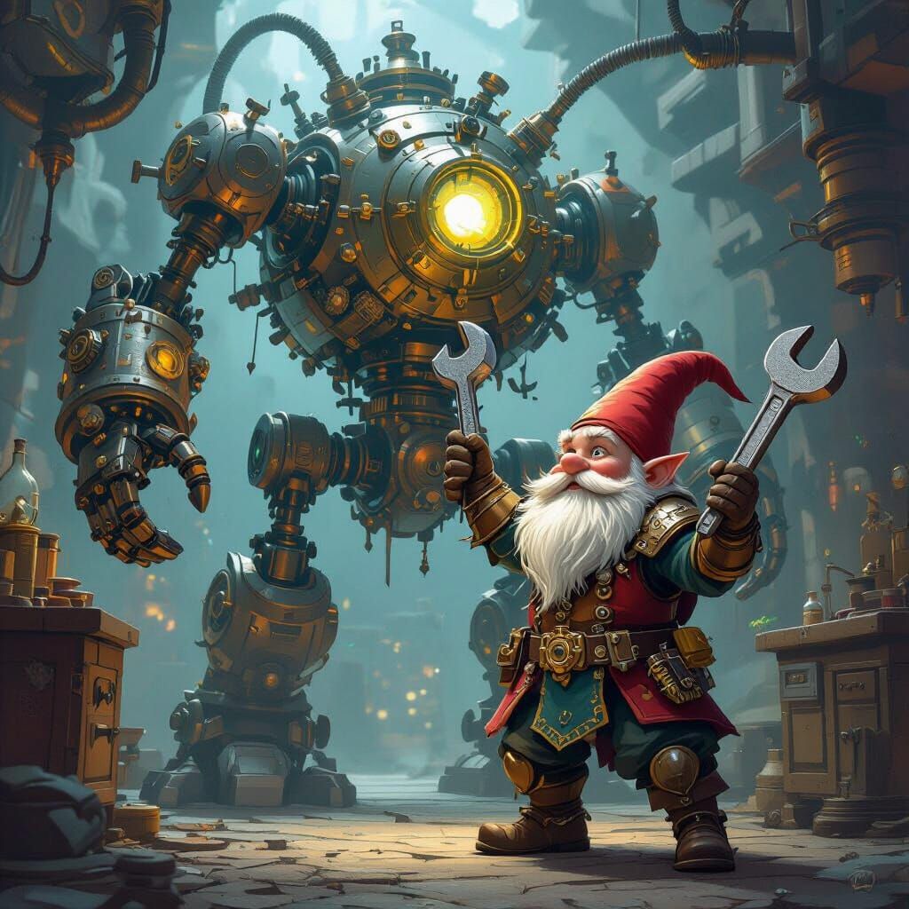 Gnome Artificer vs Clockwork Construct, Matte Painting Style