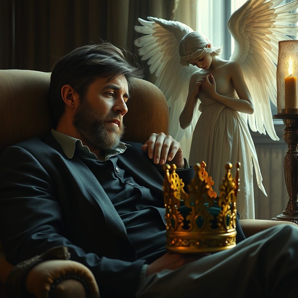 Ethereal Angel Comforting Weary Man: Digital Art