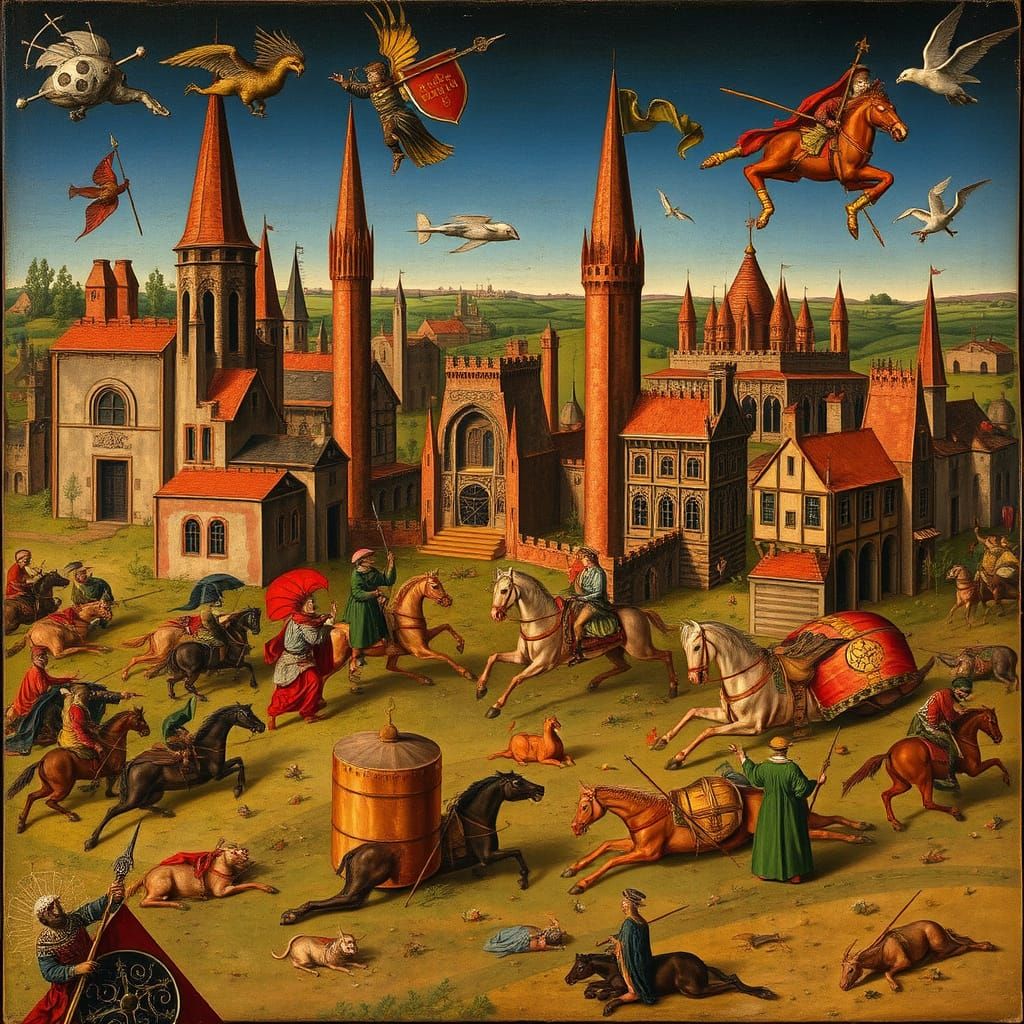 Epic Battle in a Futuristic Medieval Cityscape