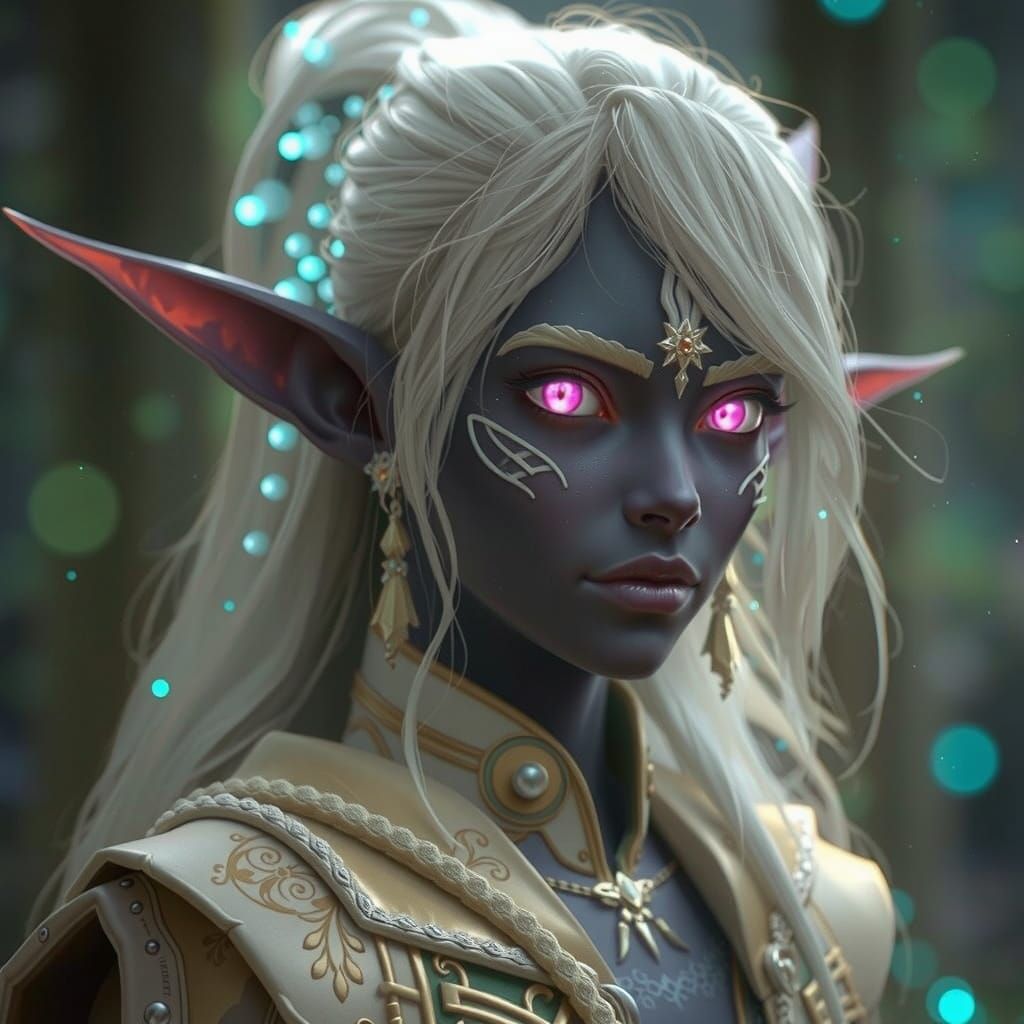 Black Elf Portrait With White Hair & Pink Eyes