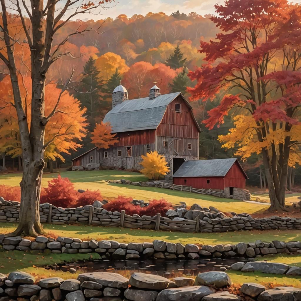 Classic New England Barn in Autumn, Impressionistic Style