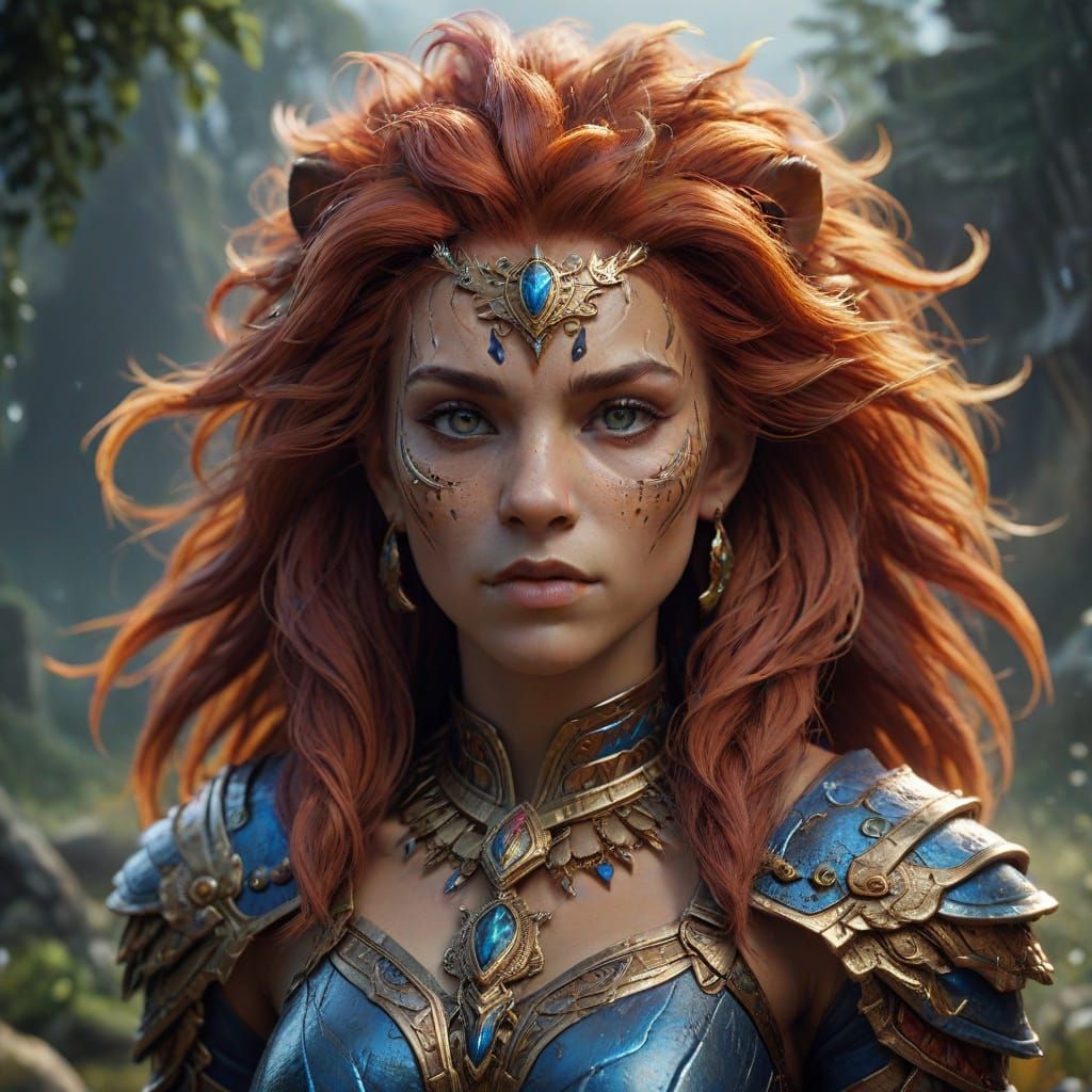 Ethereal Female Lion Hybrid in Dreamlike Landscape