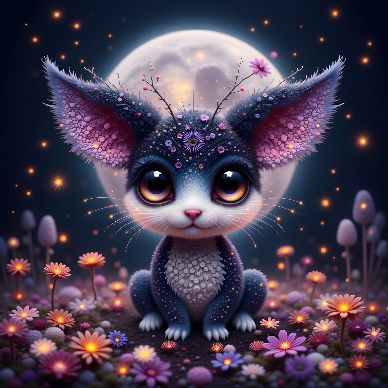 Adorable Moon Creature with Glowing Flowers