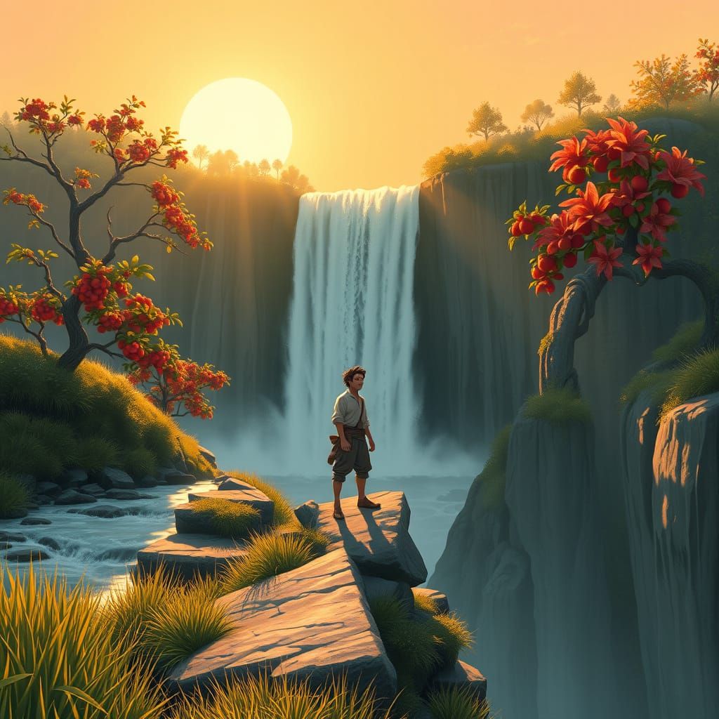 Whimsical Waterfall Landscape Inspired by Shishkin