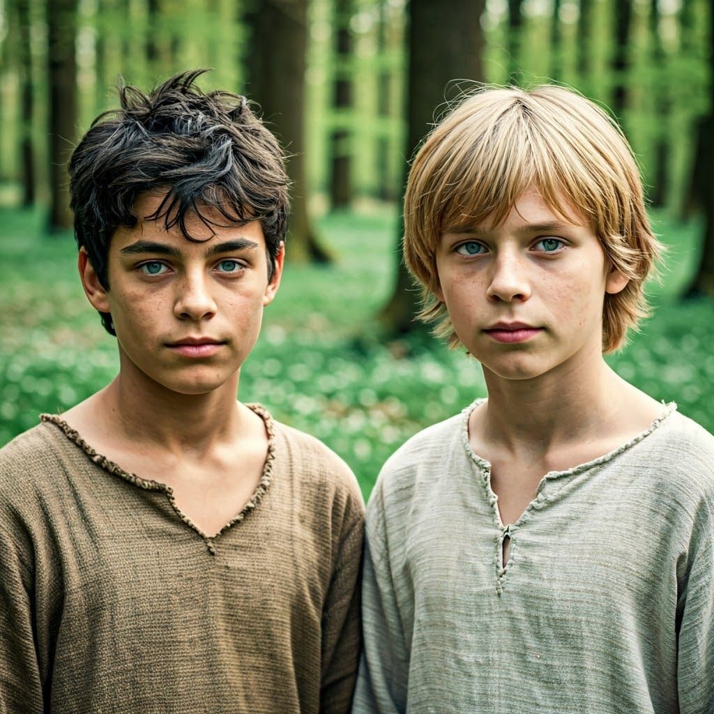 Two Rural Adolescents Amidst Vibrant Spring Forest