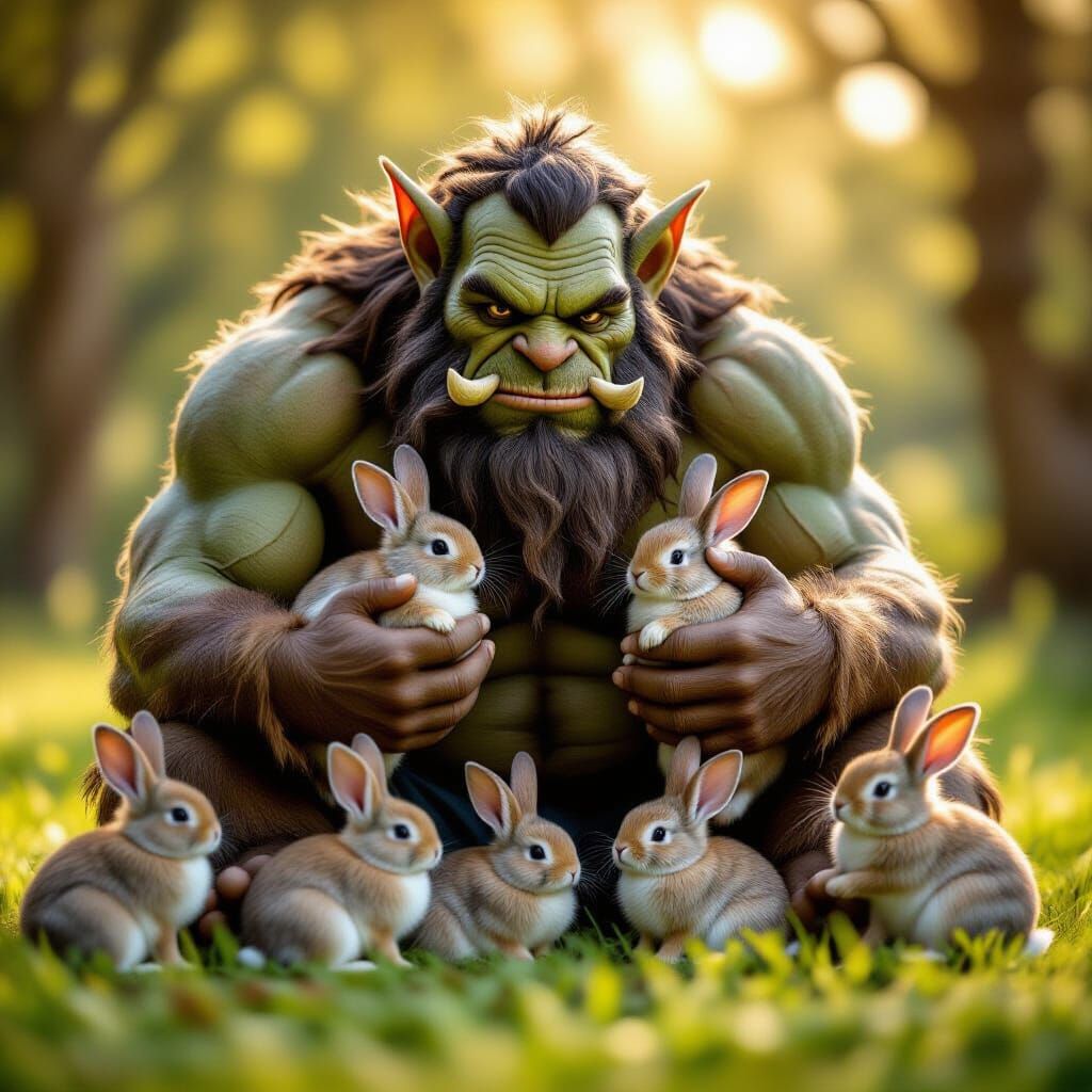 Ogre Gently Pets Rabbit Surrounded by Bunnies