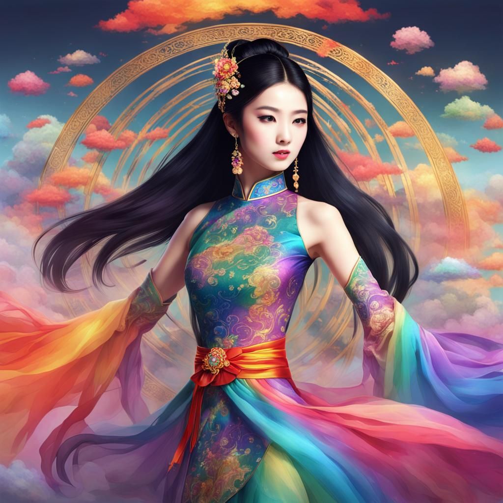 Beautiful Chinese Woman in Rainbow Dress