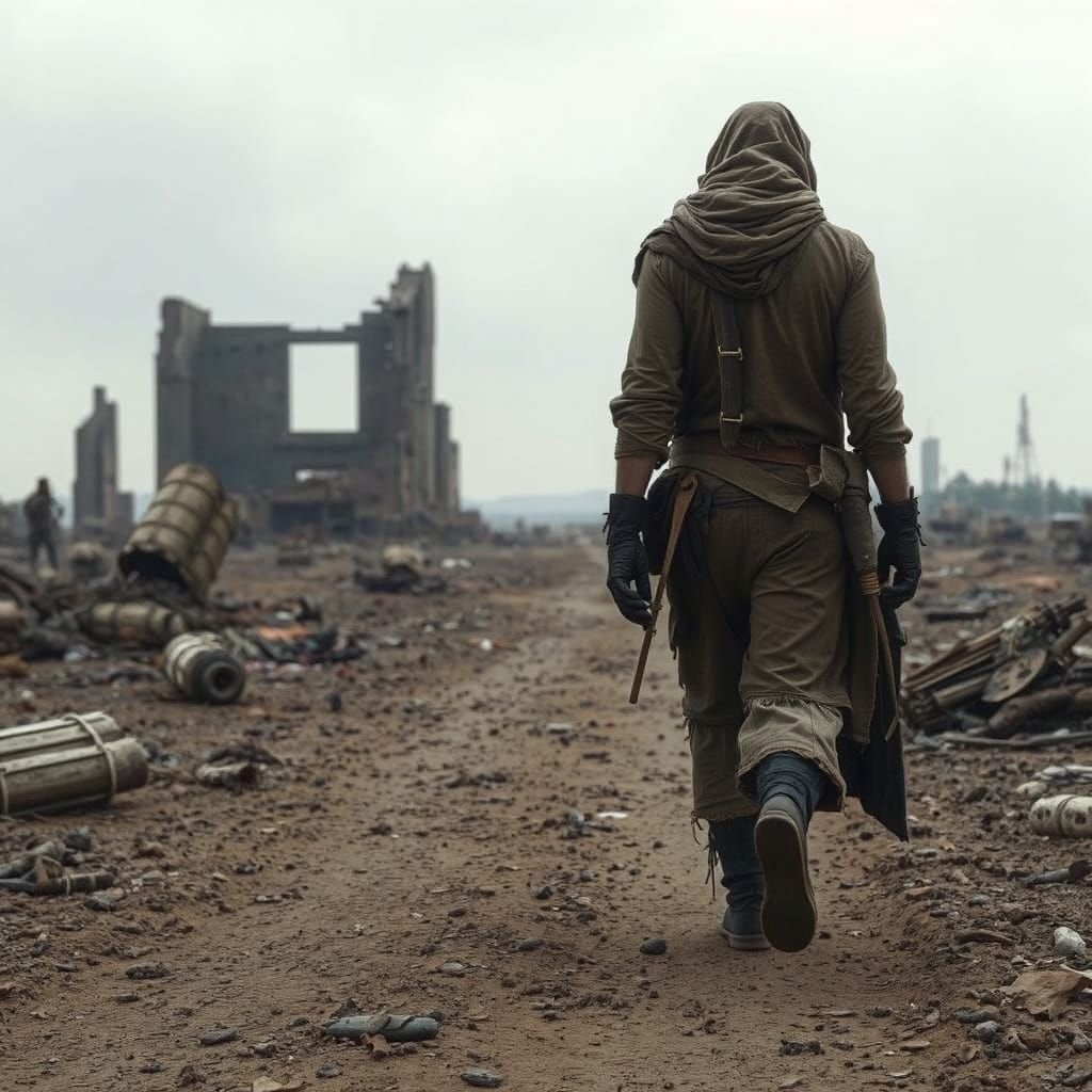 A lone figure in a post-apocalyptic wasteland