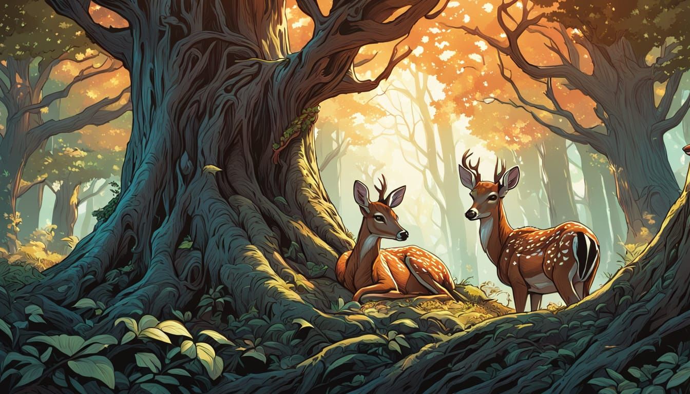 Deer and Fawn in Forest: Comic Book Art