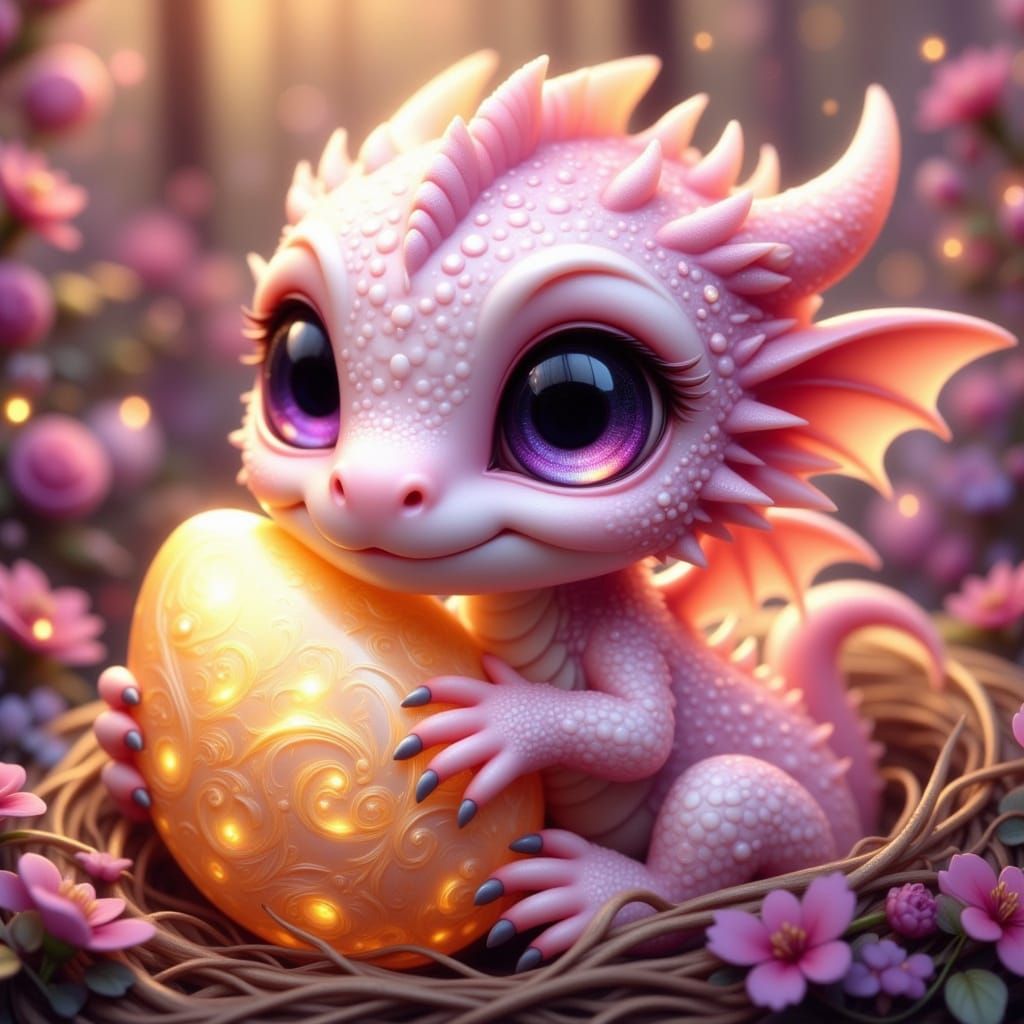 Adorable Pink Dragon Baby with Glowing Egg