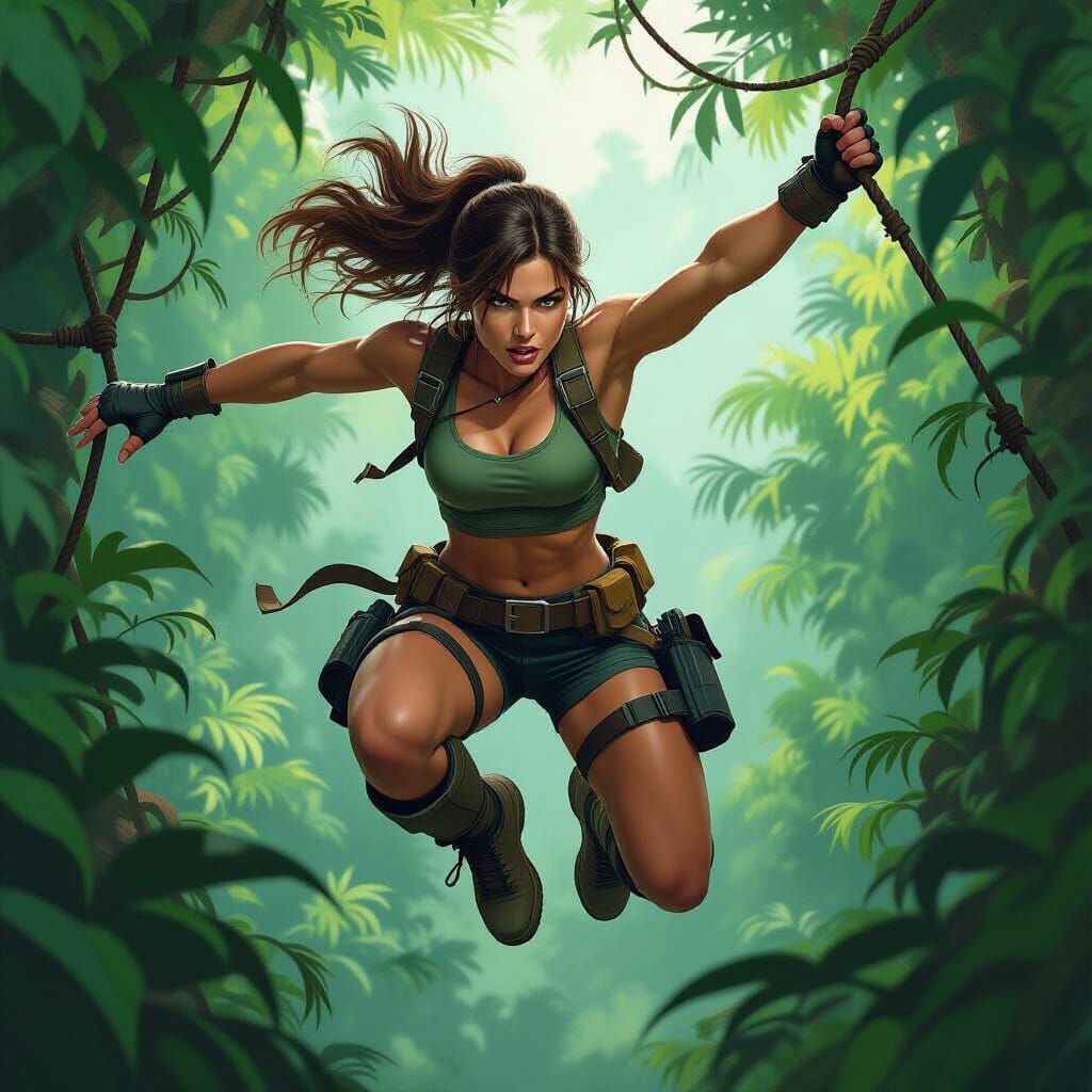 Athletic Woman in Jungle, Oil Painting Style