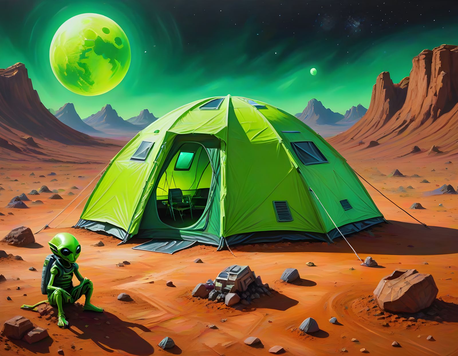 Alien Camping on Mars: Hyperrealistic Impasto Oil Painting