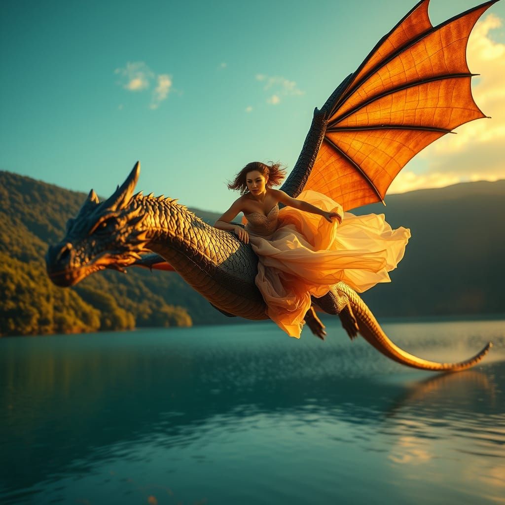 Mystical Woman Soars on Dragon Above Crystal Lake