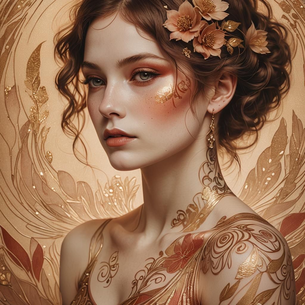 Tattooed Woman Portrait in Klimt-Inspired Vintage Style