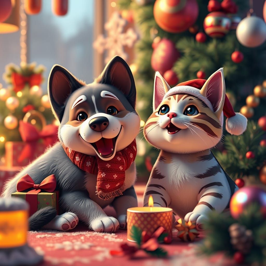 Vibrant Dog and Cat Duo Celebrate Navidad in Whimsical Digit...