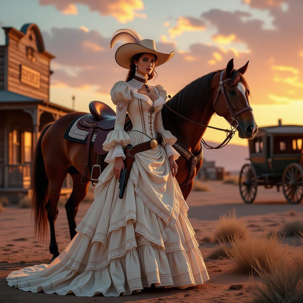 Victorian Lady with Horse in Western Town