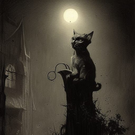 Horrific Halloween Cat in Engraving Style