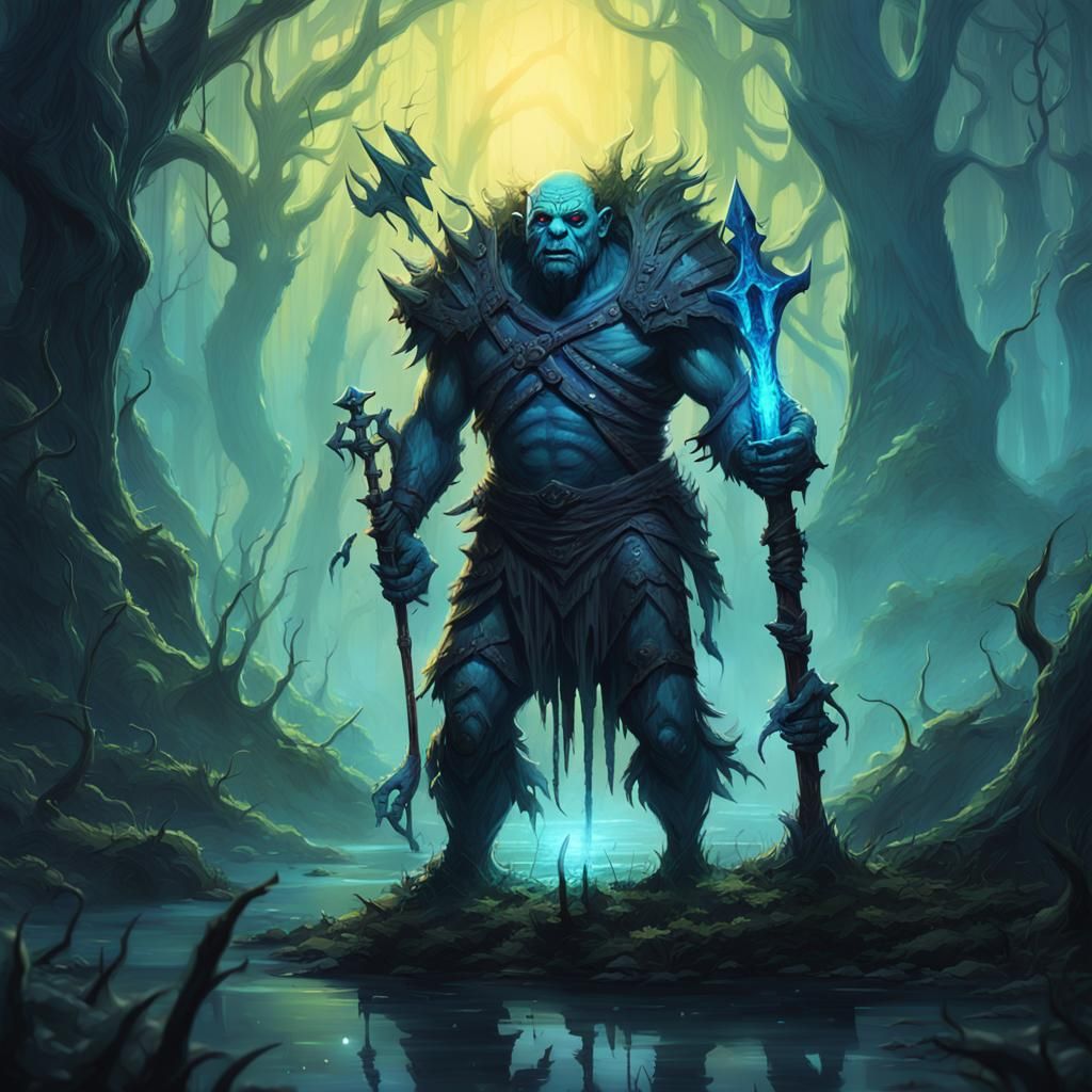 Orc Warrior in Eerie Swamp, Dark Fantasy Art