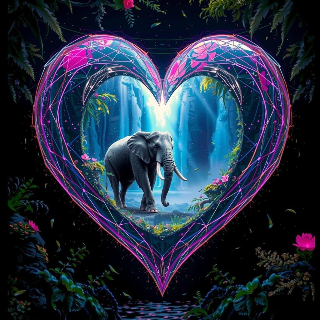 Vibrant Heart in a Jungle Oasis, Elephant in a Fantastical R...