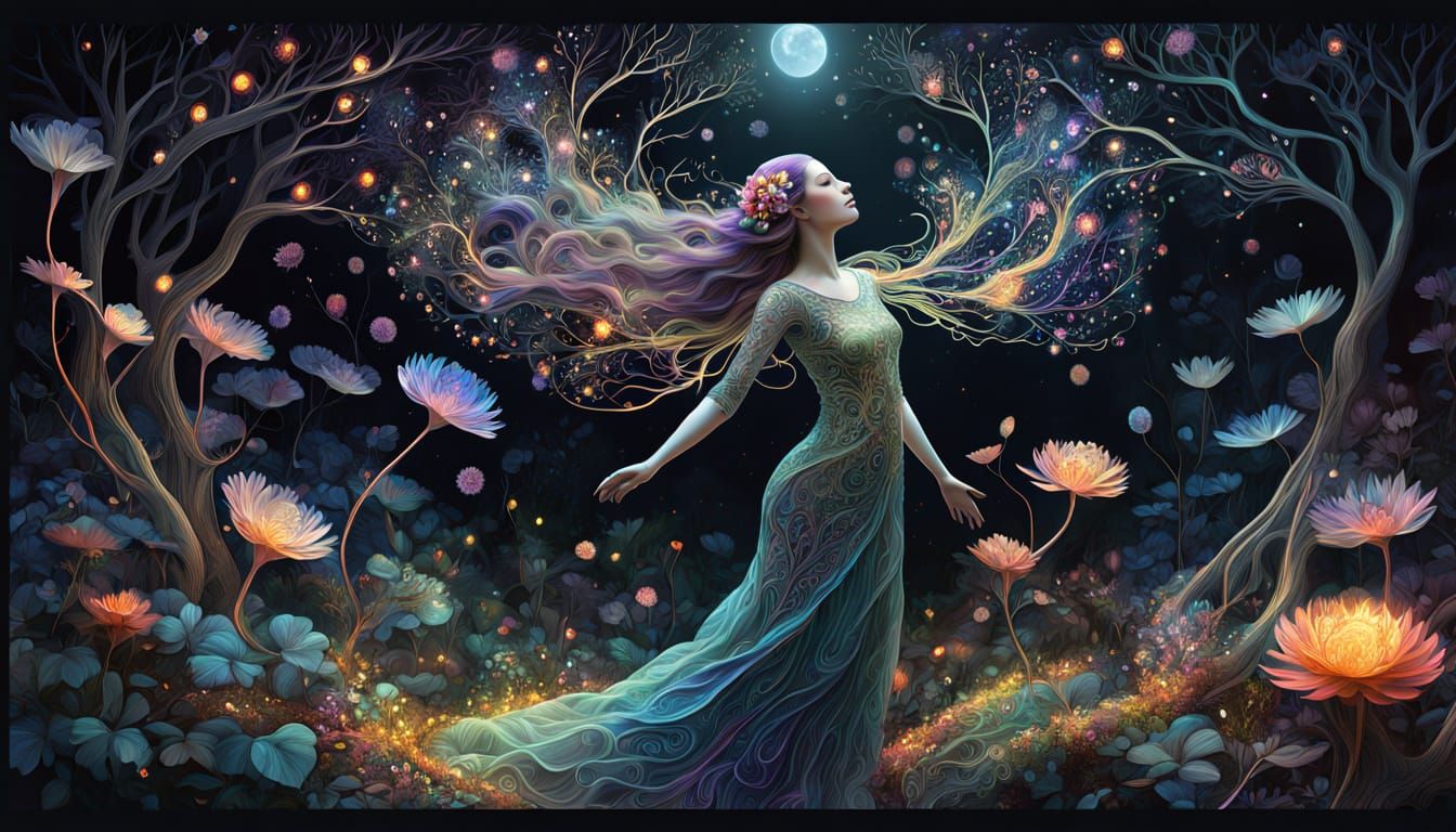 Ethereal Goddess Emerges in Whimsical Forest Scene