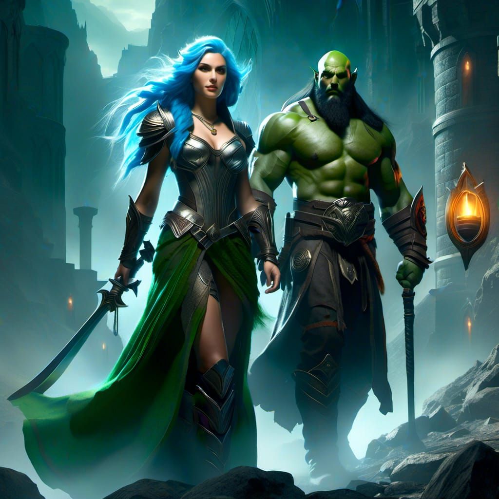 Elf Sorceress and Orc Warrior in Dark Castle