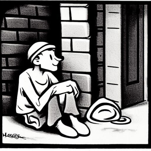 Monochrome 1930s Cartoon of a Homeless Boy