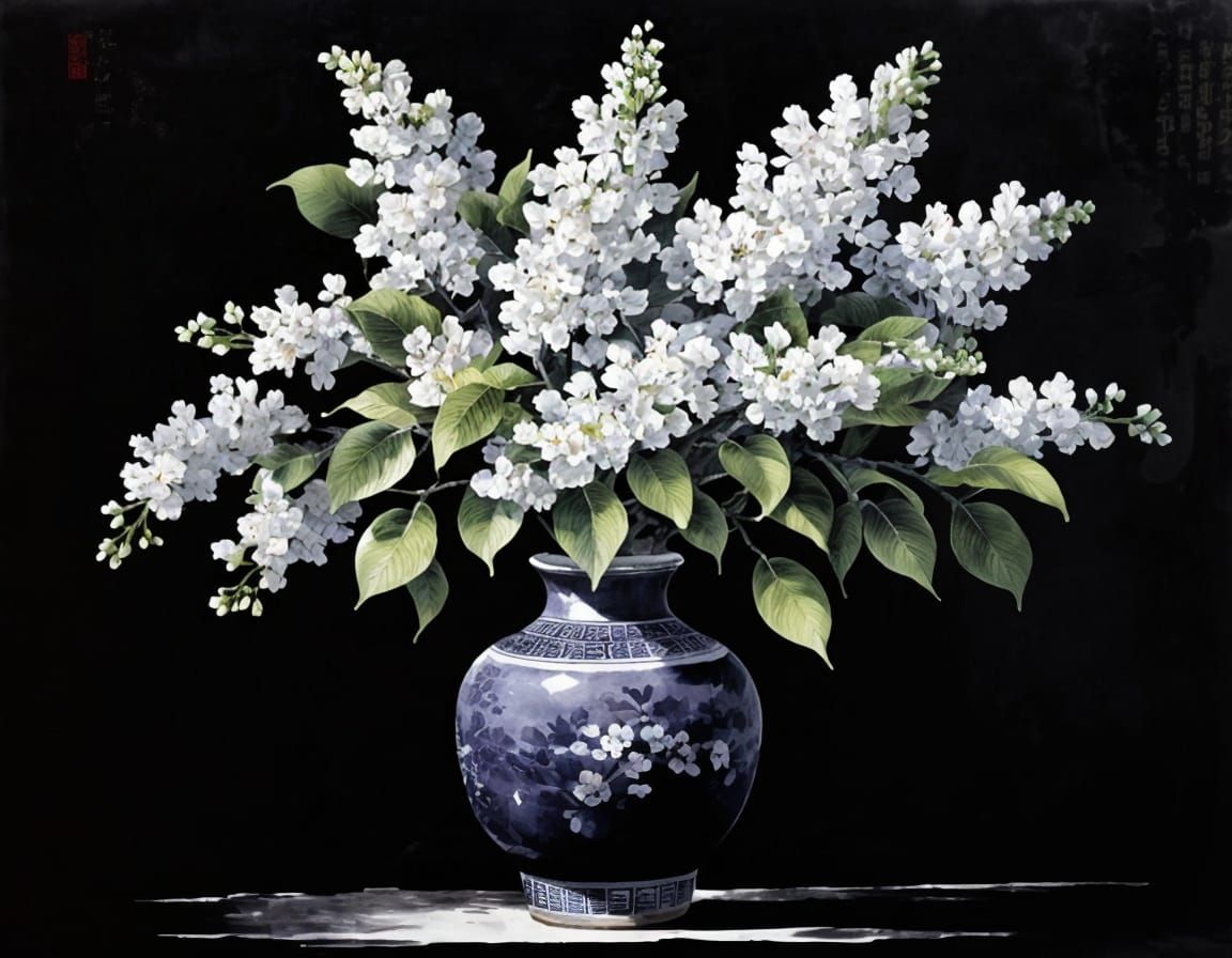 Lilac Flowers in Vase: Chinese Ink Painting